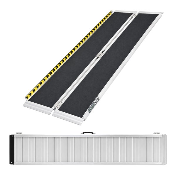Klappbare Trutzholm Rollstuhlrampe aus Aluminium mit rutschfester Oberfläche, Warnmarkierung und Tragegriff.