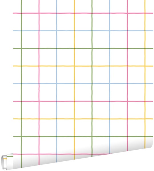 Tapete mit handgezeichnetem Karomuster aus bunten Linien auf weißem Hintergrund.