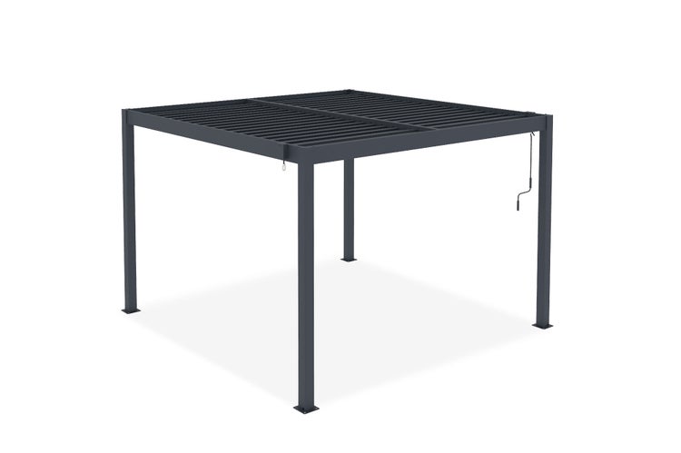Dunkelgraue Pergola aus Metall mit verstellbarem Lamellendach und Handkurbel.
