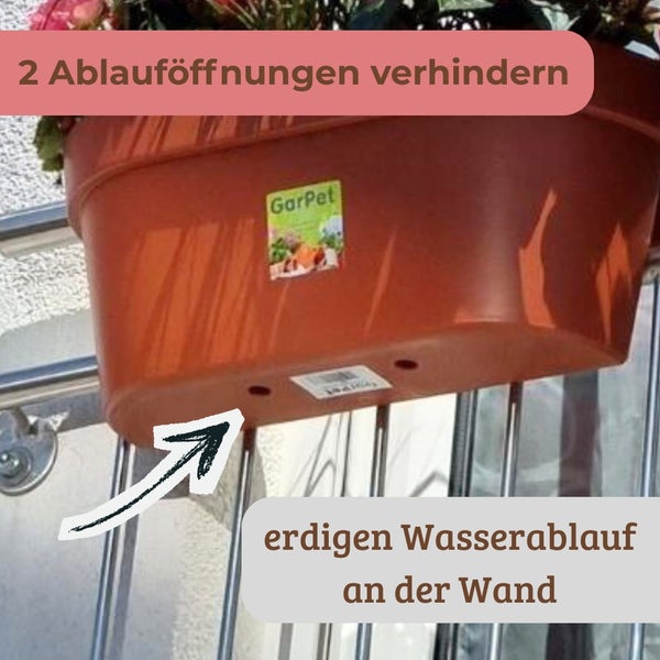 Balkonkasten mit GarPet Logo und zwei Ablauföffnungen am Boden zur Vermeidung von erdigen Wasserflecken an der Wand.