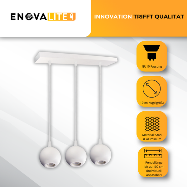 Weiße Hängeleuchte mit drei Leuchten, GU10 Fassung, Kugeln mit 10 cm Durchmesser, Pendellänge bis 100 cm, Material Stahl und Aluminium