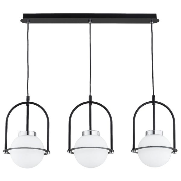 Dreiflammige Pendelleuchte mit drei weißen Glaskugeln und Metallhalterung in einem modernen Design für den Innenbereich