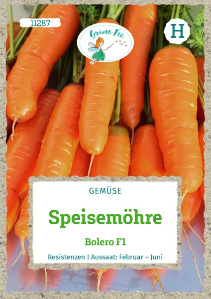 Samentüte für Speisemöhre Bolero F1 von Grüne Fee mit einer Abbildung von frischen Karotten, Grüne Fee Logo.