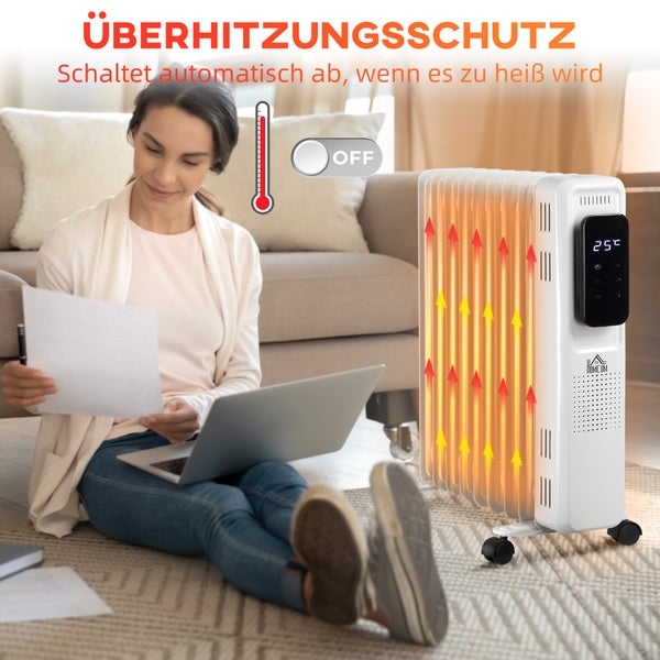 HOMCOM Ölradiator tragbar elektrisch Heizkörper 2000W 3 Heizstufen 24-Stunden-Timing elektrische Heizung 9 Heizplatten mit 4 Rollen Weiß Stahl 42,5 x 24 x 63 cm