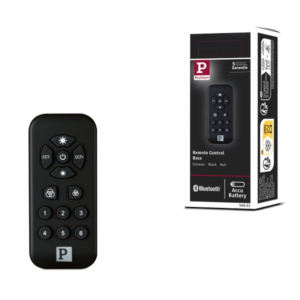 Paulmann Fernbedienung Boss für smarte Beleuchtung in Schwarz mit Bluetooth und Akku sowie Verpackung mit Paulmann Logo.