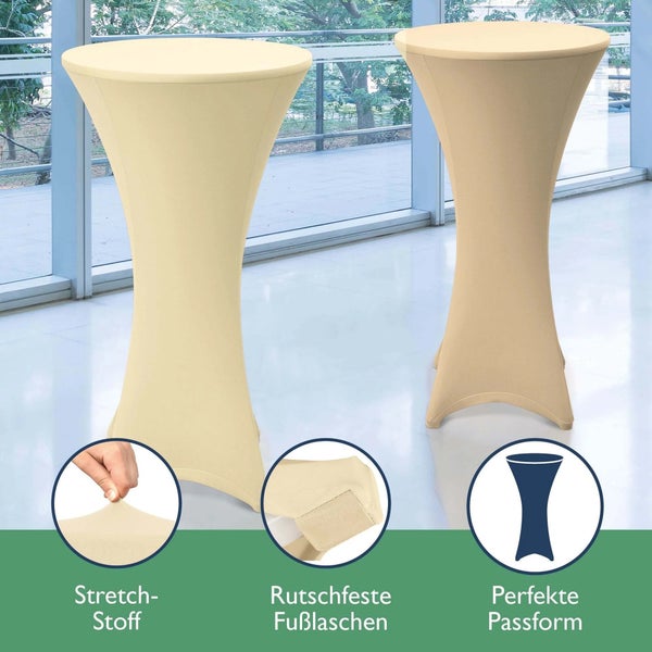 Zwei Stehtischhussen aus Stretchmaterial mit rutschfesten Fußlaschen und perfekter Passform.