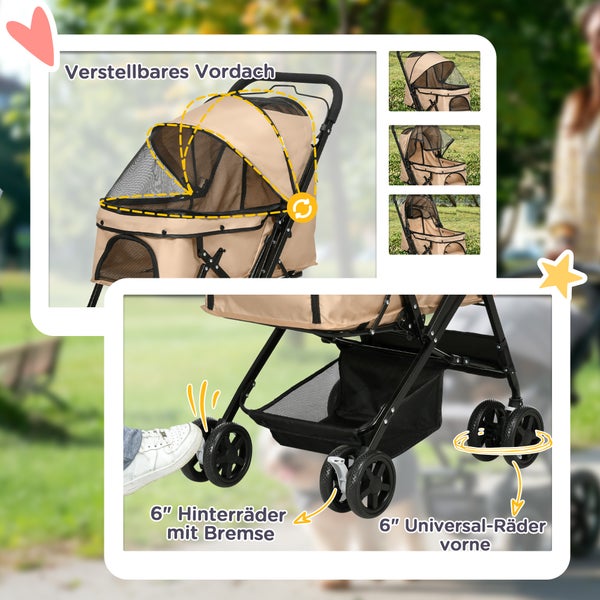 PawHut Hundebuggy Hundewagen Buggy für kleine Hunde und Katzen Haustierwagen Pet Stroller Katzenbuggy Oxford Braun 76,5 x 52 x 95 cm