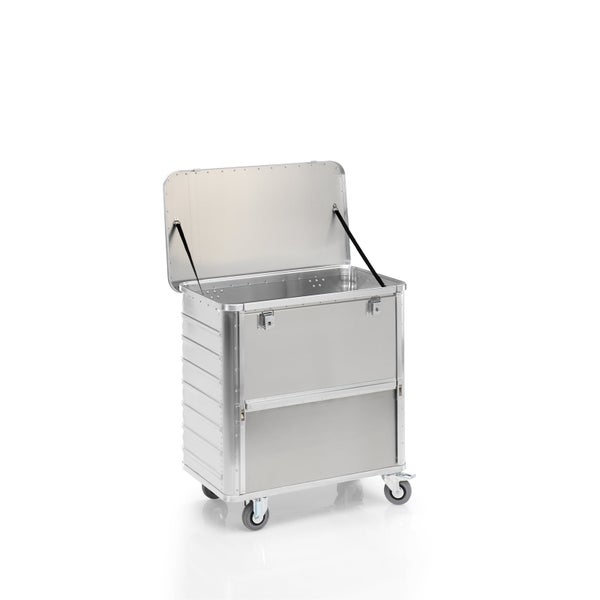 Aluminium-Transportwagen mit Rollen und offenem Deckel.