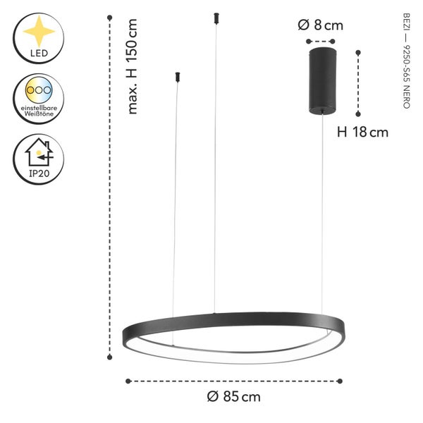 Ringförmige LED-Pendelleuchte, Durchmesser 85 Zentimeter, Höhe bis maximal 150 Zentimeter, einstellbare Weißtöne, Schutzart IP20.