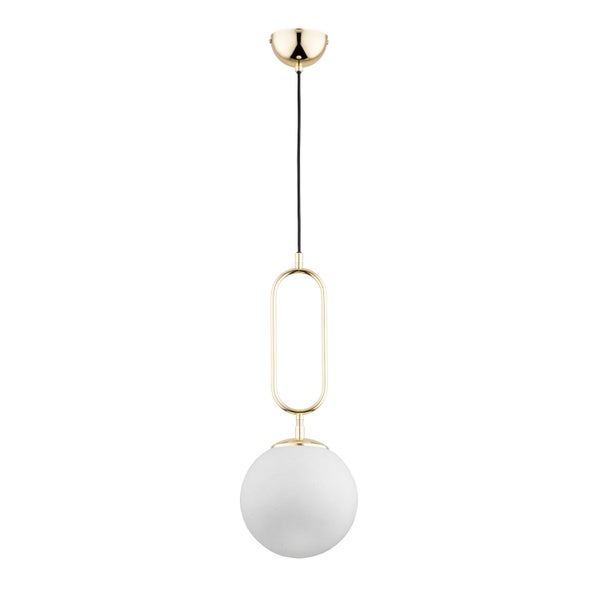 Moderne Hängeleuchte mit glänzendem Metallgestell und runder Glaskugel als Lichtquelle für den Innenbereich.