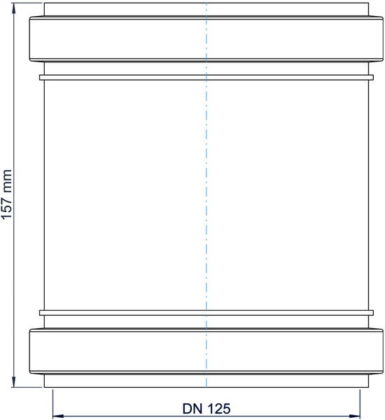 Technische Zeichnung einer Doppelmuffe mit einer Nennweite von 125 und einer Länge von 157 Millimetern.