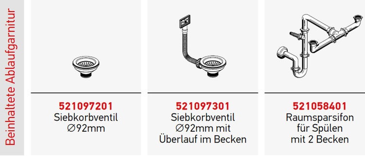 Spülenablaufgarnitur mit Siebkorbventil 92 Millimeter Durchmesser und Raumsparsiphon für Spülen mit zwei Becken