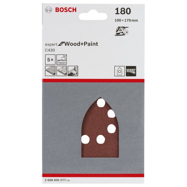 Bosch Expert Schleifpapier für Holz und Farbe, Körnung 180, 100x170 Millimeter, 5 Stück