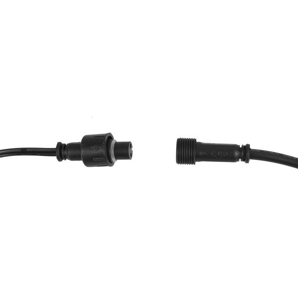 Schwarze zweipolige wasserdichte Schraubverbindung für Kabel mit Stecker und Buchse.
