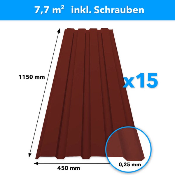 FLOORDIREKT Trapezblech - 115 x 45 cm - Profilblech - Stärke 0.25 mm - 15er-Set - inkl. Schrauben - 7,7 m² - Rot