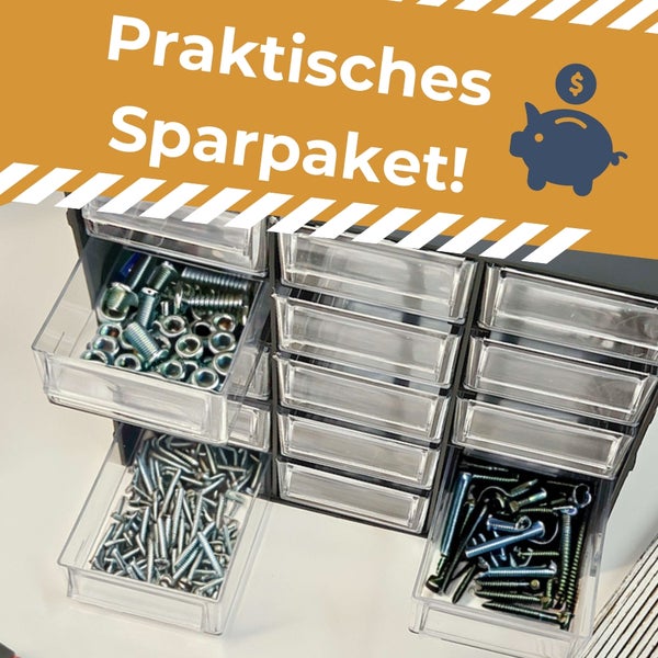 Praktisches Sparpaket mit Sortimentskasten gefüllt mit Schrauben und Muttern