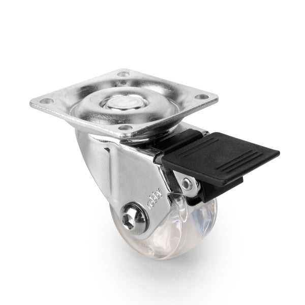 Möbel-Lenkrolle aus Metall und Kunststoff mit Anschraubplatte, transparenter Rolle und schwarzem Feststeller.
