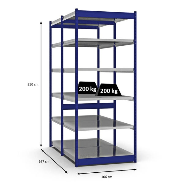 PROREGAL Fachbodenregal Stecksystem Vierkant-Profil Grundregal HxBxT 250 x 102,5 x 80 cm 2x6 Ebenen Doppelseitige Bauart Fachlast 200 kg Enzianblau