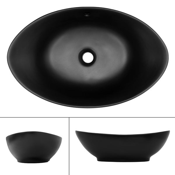 ML-Design Waschbecken aus Keramik in Schwarz Matt 59x38x19cm Ovale Aufsatzwaschbecken, Moderne Waschtisch, Waschschale mit Überlauf und Abflussloch, Waschplatz Handwaschbecken, für Badezimmer/Gäste-WC