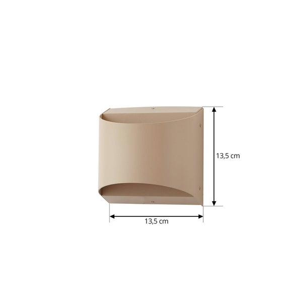 Moderne quadratische beige Wandleuchte mit geschwungenen Öffnungen, Abmessungen 13,5 Zentimeter Höhe und 13,5 Zentimeter Breite.