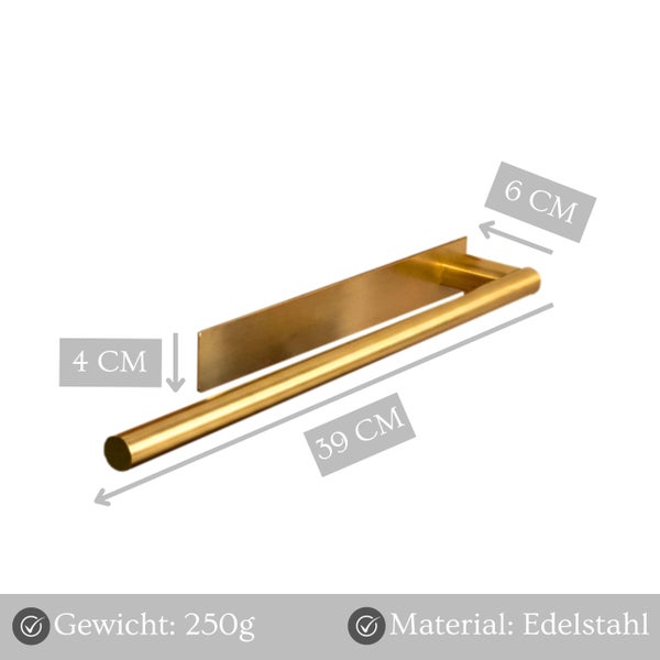 Edelstahl Handtuchhalter zur Wandmontage mit Maßen 39 mal 6 mal 4 Zentimeter und Gewicht 250 Gramm