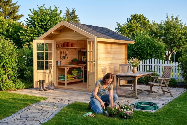 Holz-Gartenhaus in einem gepflegten Garten mit Terrasse, Gartenmöbeln aus Holz, einer Frau beim Pflanzen und einem weißen Lattenzaun.