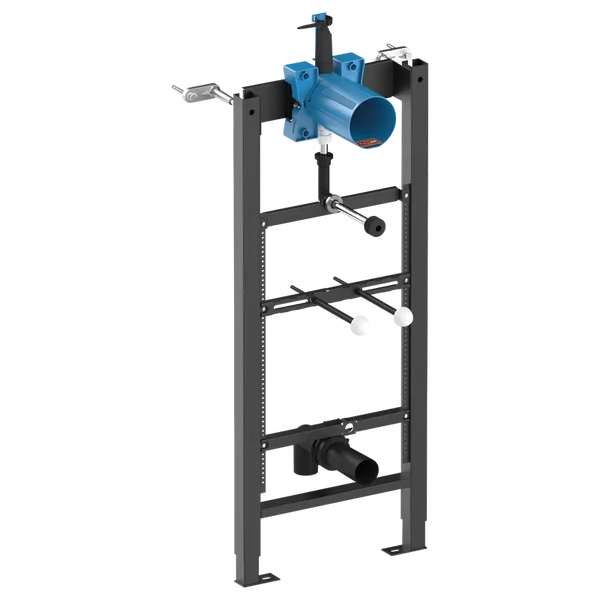 Vorwandelement für Urinal aus Metall in Anthrazit mit blauem Anschlusskasten und schwarzem Ablaufrohr.