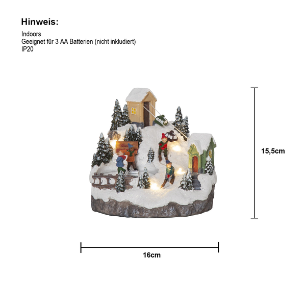 Dekorative Winterlandschaft mit Häusern, Bäumen und Figuren, beleuchtet, geeignet für den Innenbereich.