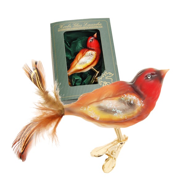 Glasvogel Stieglitz, Rot/Orange, 12cm mit 5cm Echtfedern, 1 Stck., Weihnachtsbaumkugeln, Christbaumschmuck, Weihnachtsbaumanhänger