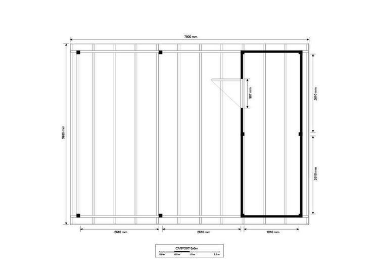 Technische Zeichnung eines Carports mit Maßen 7900 mal 5980 Millimeter und integriertem Abstellraum.