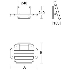 Technische Zeichnung eines Duschklappsitzes mit Maßangaben 240 mal 240 Millimeter und einer Tiefe von 155 Millimeter.