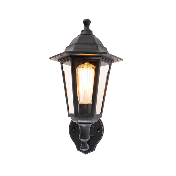 Klassische Außenwandleuchte in Schwarz mit Glaseinsätzen und leuchtendem LED-Leuchtmittel.