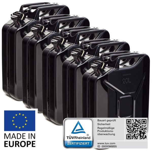 BW® Kraftstoffkanister Metall Benzinkanister 5x 20 Liter - Schwarz - RAL 9005 - TÜV-geprüft und UN-Zulassung - Made in Europe