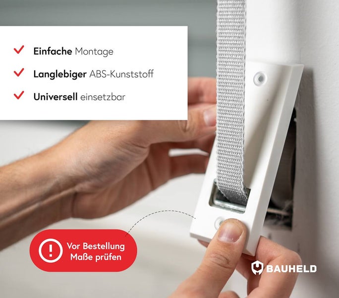 Montage eines Rollladengurtwicklers aus ABS-Kunststoff mit Hinweistext zur Maßprüfung vor der Bestellung
