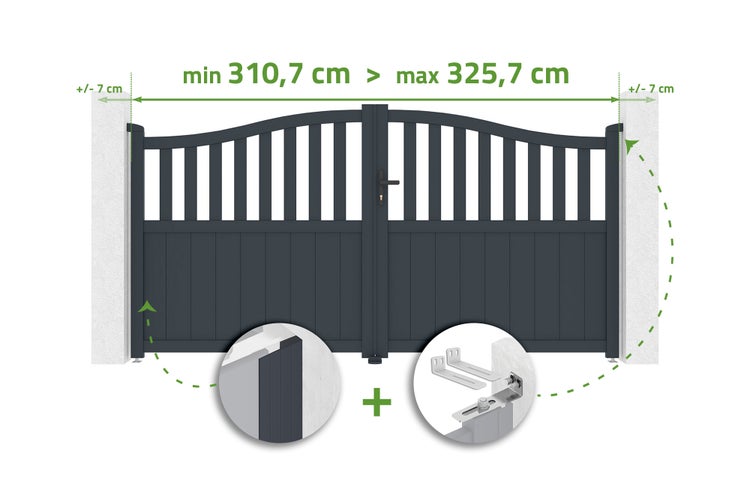 Zweiflügeliges Einfahrtstor mit Bogenoberkante, Breite 310,7 bis 325,7 Zentimeter, plus minus 7 Zentimeter Verstellbereich und Montagedetails.