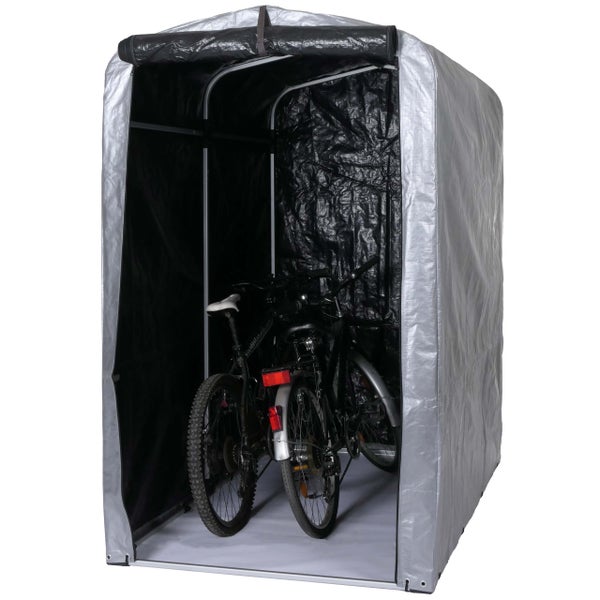 Fahrradgarage aus Kunststoff mit Metallgestell und offenem Eingang in Silber und Schwarz.
