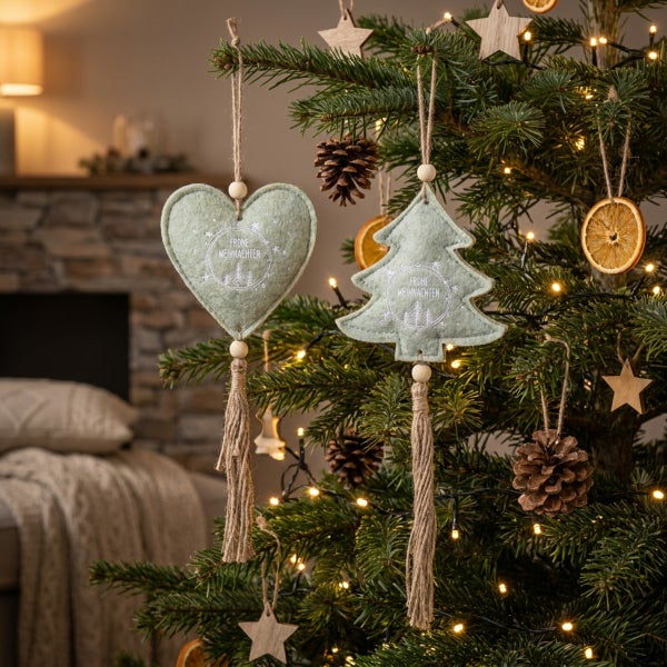 Weihnachtsbaum mit Filzanhängern in Herz- und Tannenbaumform mit Aufschrift Frohe Weihnachten und Quasten aus Naturkordel.