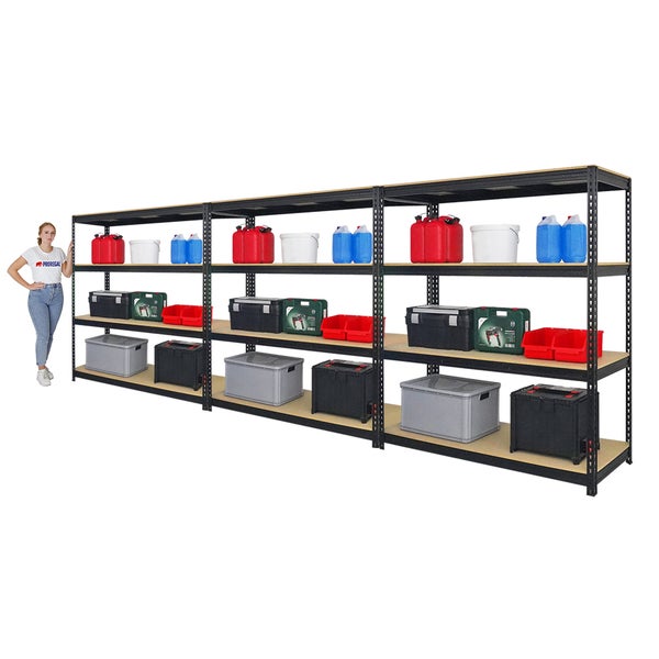 PROREGAL Mega Deal 3x Profi Schwerlastregal Bison HxBxT 200 x 180 x 60 cm 4 Fachböden Fachlast 600 kg Schwarz