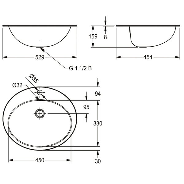 Technische Zeichnung mit Maßangaben für ein ovales Einbaubecken mit Hahnloch.