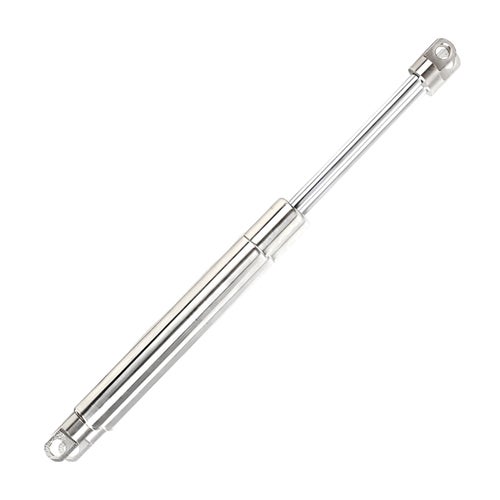 Silberne Gasdruckfeder aus Metall mit Befestigungsaugen.
