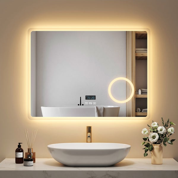 EMKE Smart LED Badspiegel 80x60 cm, 3 Farbtemperaturen, dimmbar, Touch, Anti-Beschlag, 3x Vergrößerung, Bluetooth 3-Tasten, horizontal, IP44, für Bad