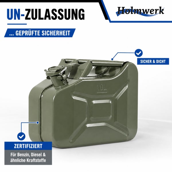 Kraftstoffkanister aus Metall mit 10 Litern Fassungsvermögen und UN Zulassung für Benzin und Diesel von Holmwerk