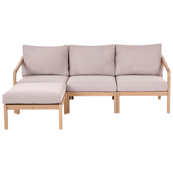 Gartensofa aus Holz mit Polsterauflagen in L Form für den Außenbereich