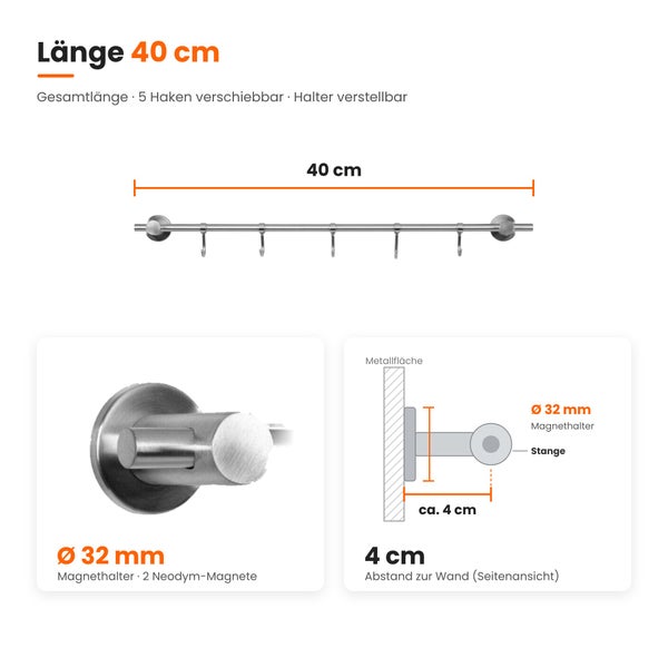 Küchenleiste mit 5 verschiebbaren Haken, Länge 40 Zentimeter, Magnetbefestigung mit 32 Millimeter Durchmesser und 4 Zentimeter Wandabstand.