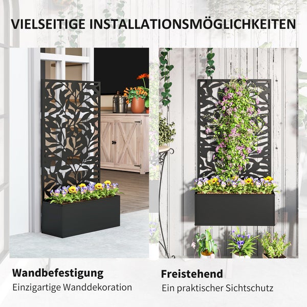 Schwarzes Metall-Rankgitter mit Pflanzkasten, als freistehender Sichtschutz und Wanddekoration, bepflanzt mit bunten Blumen.