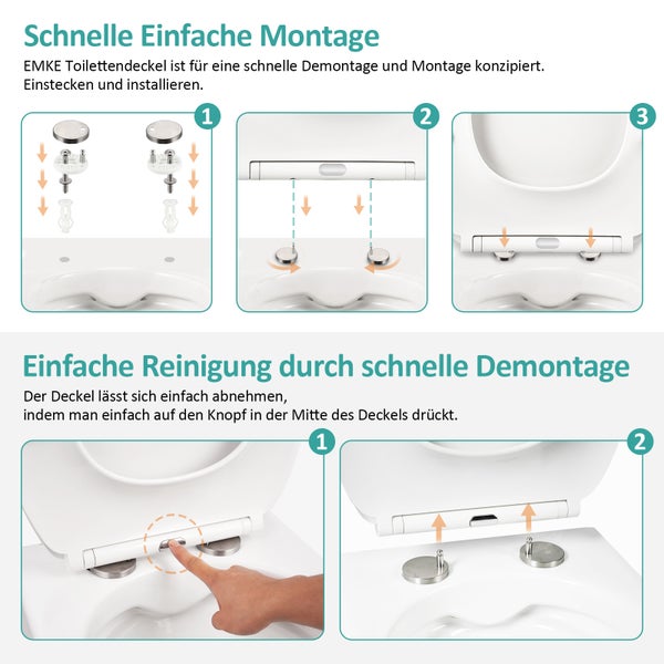 EMKE Toilettendeckel Oval mit Soft-Close-Funktion, WC-Sitze, Weiß, O Form, Schnellmontage, mit blauer Bedienleiste und Sitztragegriff, Tragfähigkeit max. 150kg, 447x363x51mm, für Bad