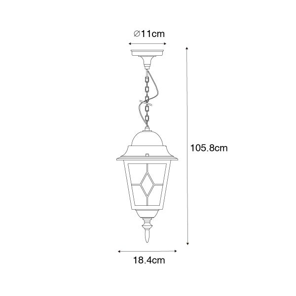 Maßzeichnung einer hängenden Außenleuchte in Laternenform, Höhe 105,8 Zentimeter, Breite 18,4 Zentimeter, Durchmesser Baldachin 11 Zentimeter.