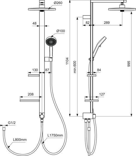 Technische Zeichnung einer Duschsäule mit Maßangaben