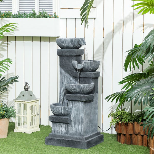 Outsunny Springbrunnen Outdoor aus Kunstharz vierstöckig Gartenbrunnen mit LED Beleuchtung Pumpe Steinoptik Dekorationsbecken Zimmerbrunnen Wasserspiel für Garten Terrasse 38 x 36 x 85 cm Grau