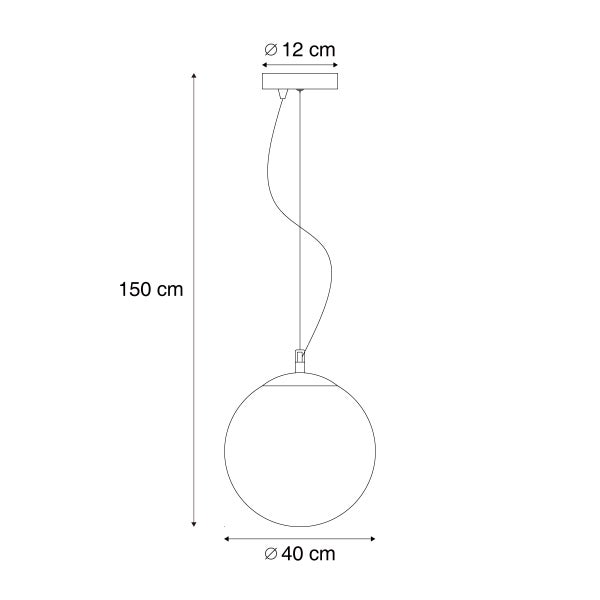 Technische Zeichnung einer Pendelleuchte mit einem Durchmesser von 40 cm und einer Höhe von 150 cm.